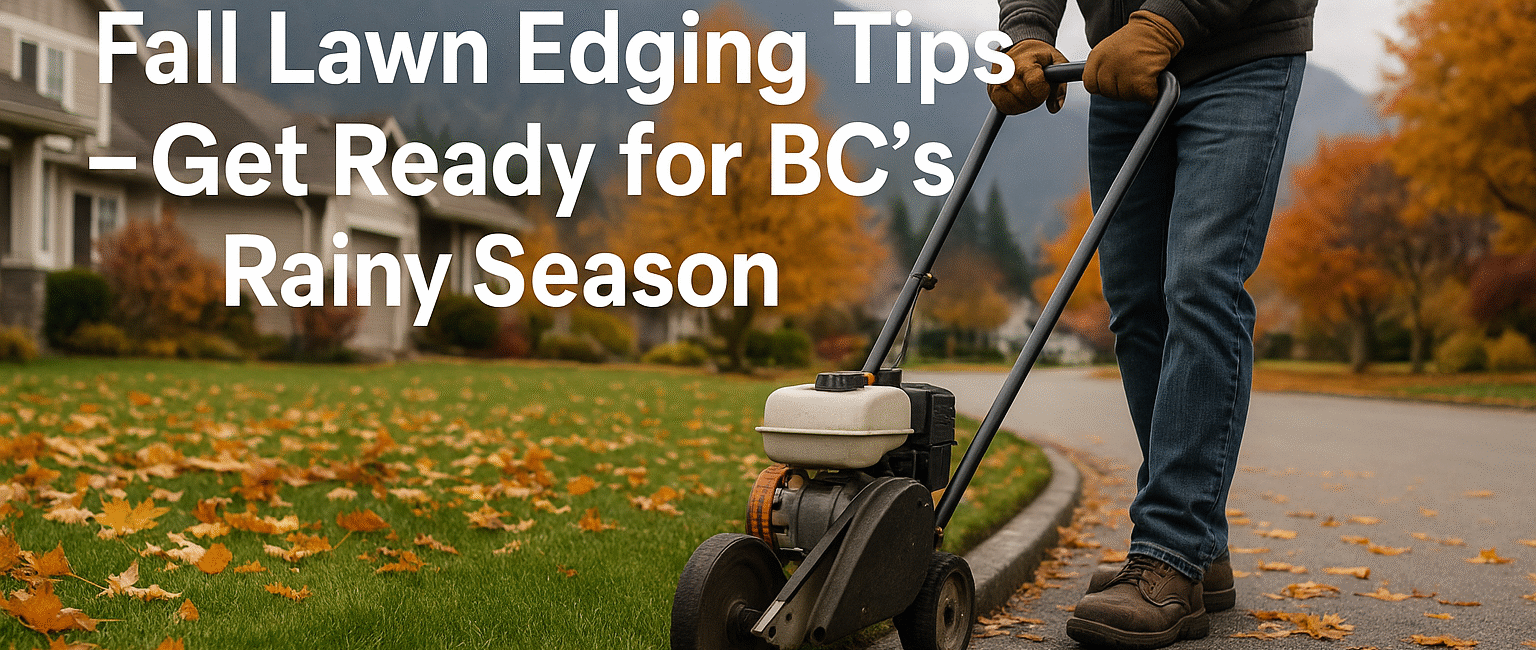 Homeowner edging their lawn on a fall day in British Columbia, with fallen leaves and mountains in the background, preparing for rainy season.