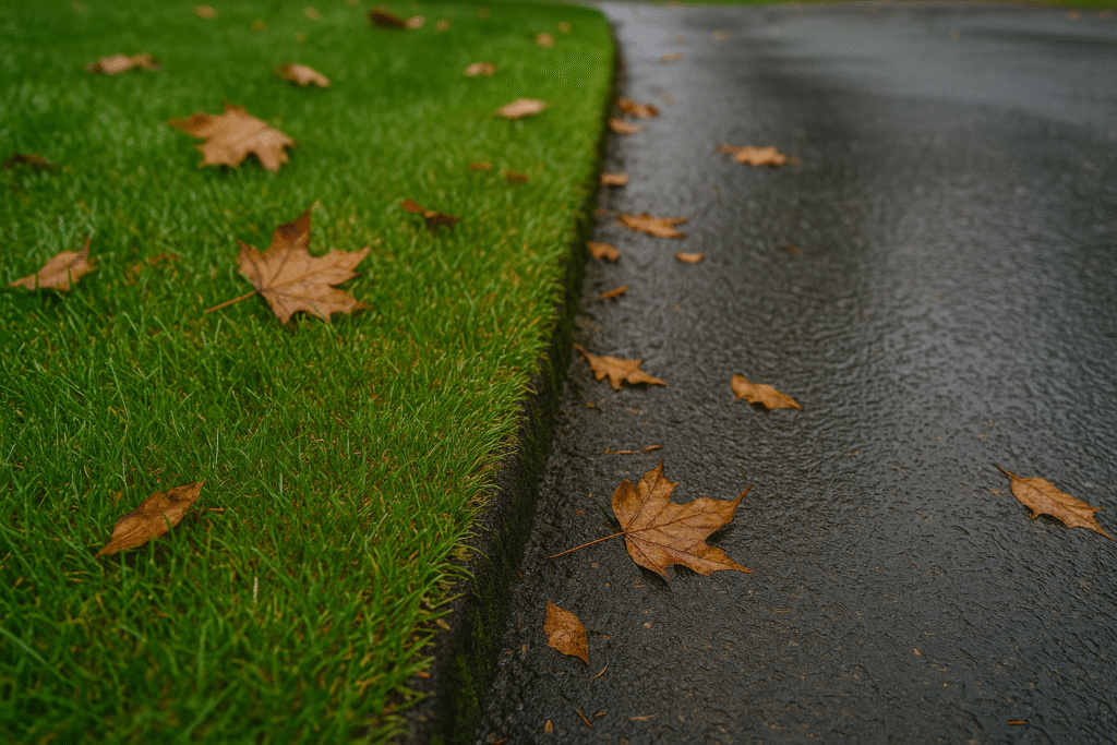 Close-up of a cleanly edged lawn along a driveway in fall, showing how edging prevents moss and water pooling.
