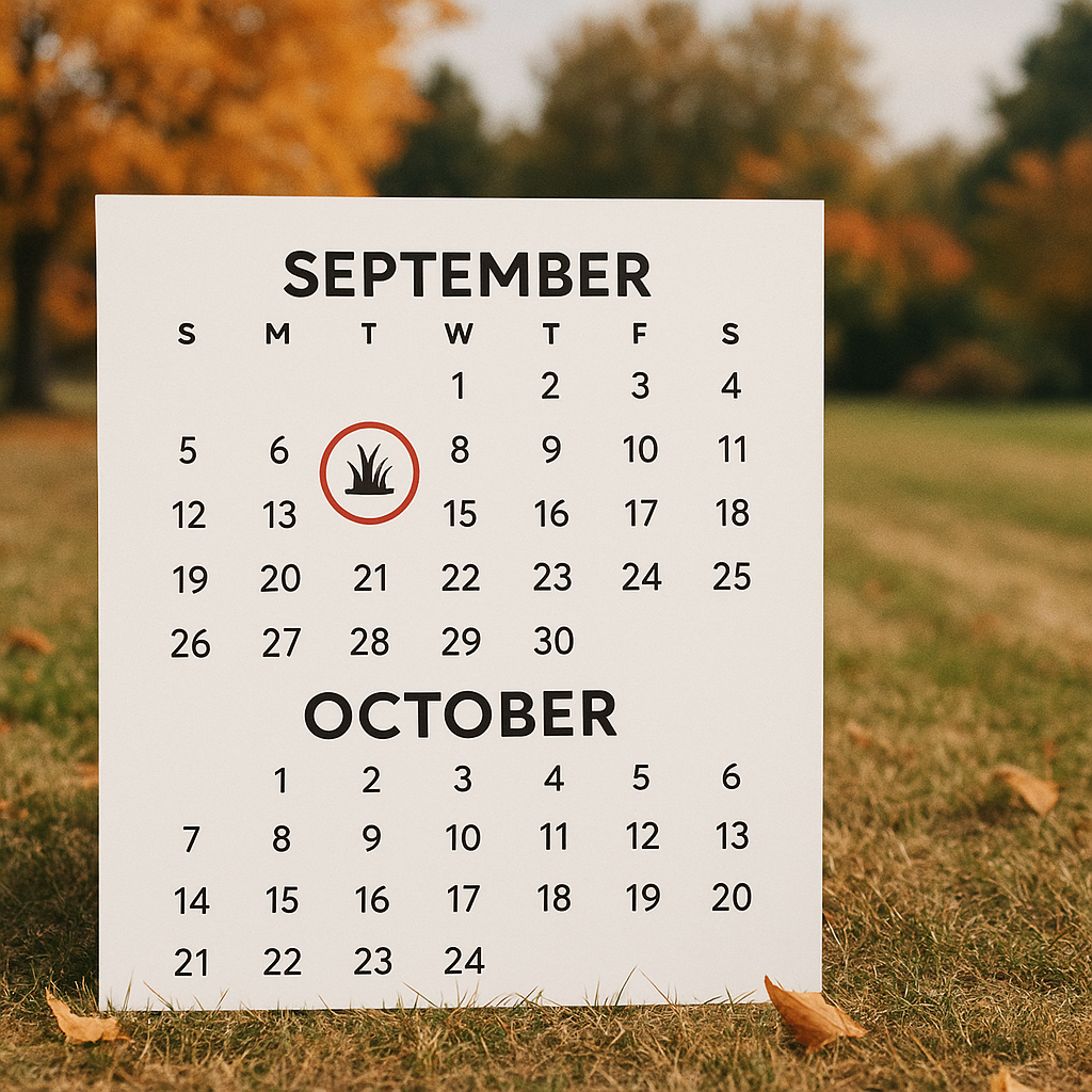 Calendar marking the ideal mid-September to early October timeframe for fall lawn edging in BC.
