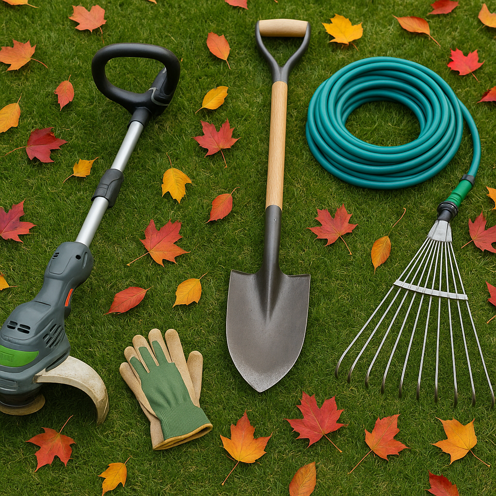 Essential tools for fall lawn edging and trimming laid out on grass, including trimmer, spade, and rake.
