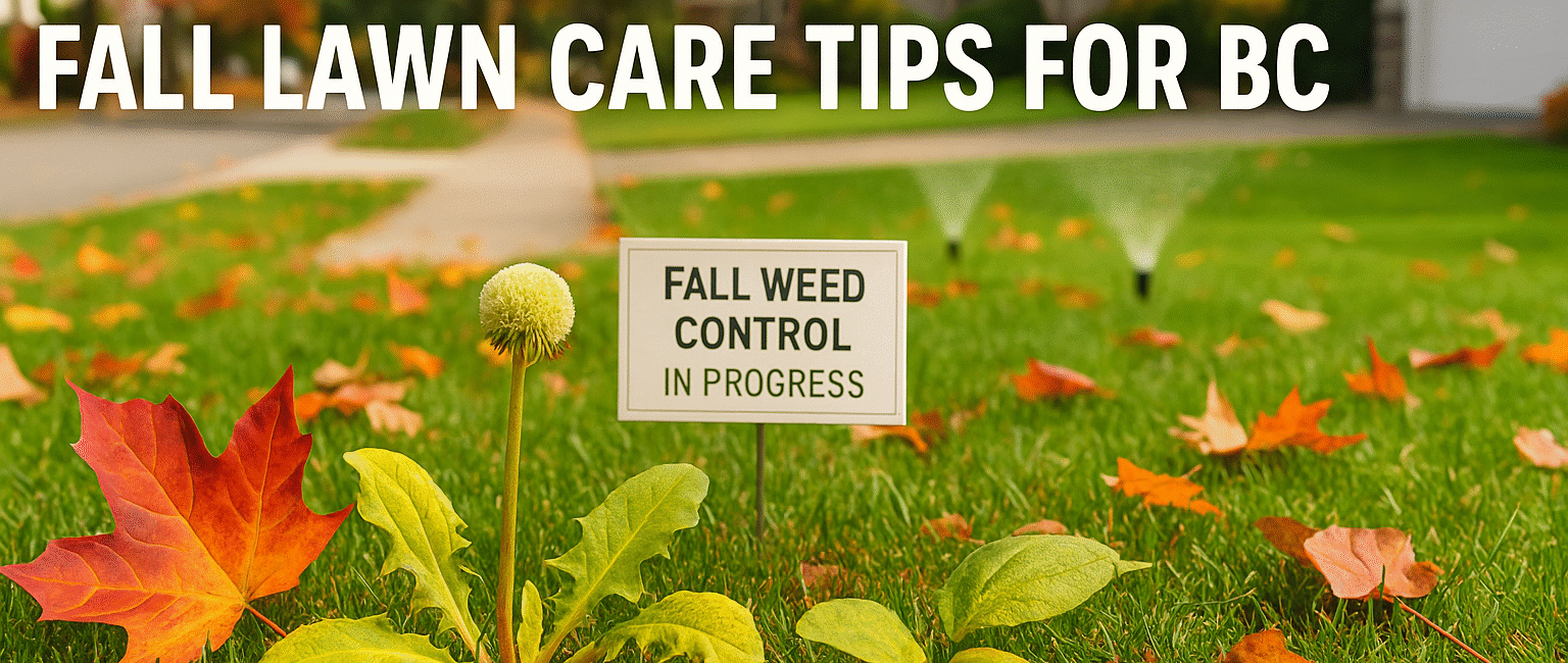 BC lawn in fall with treated weeds and colorful leaves.