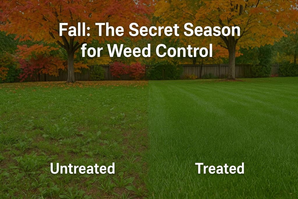 Comparison of untreated vs treated lawn in BC showing fall weed control results.