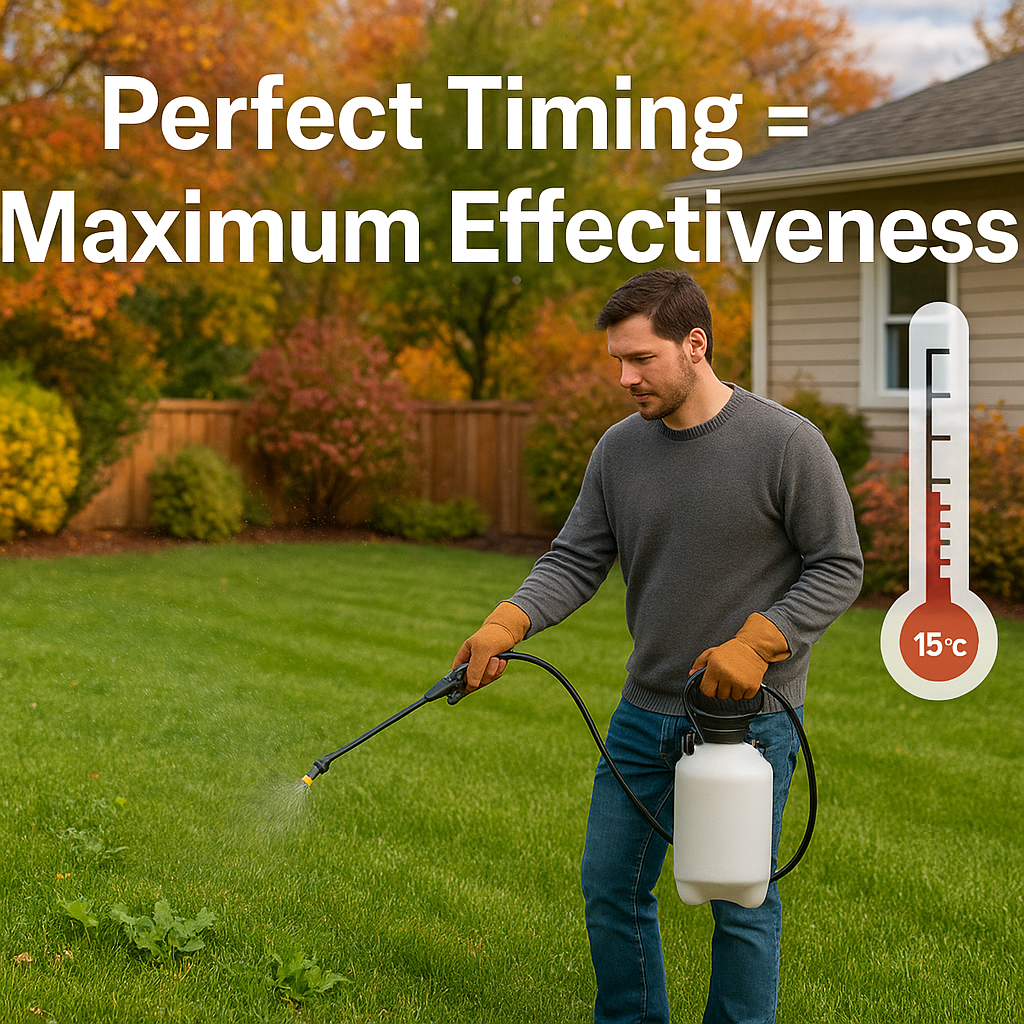 Homeowner applying lawn herbicide in fall under ideal BC weather conditions.