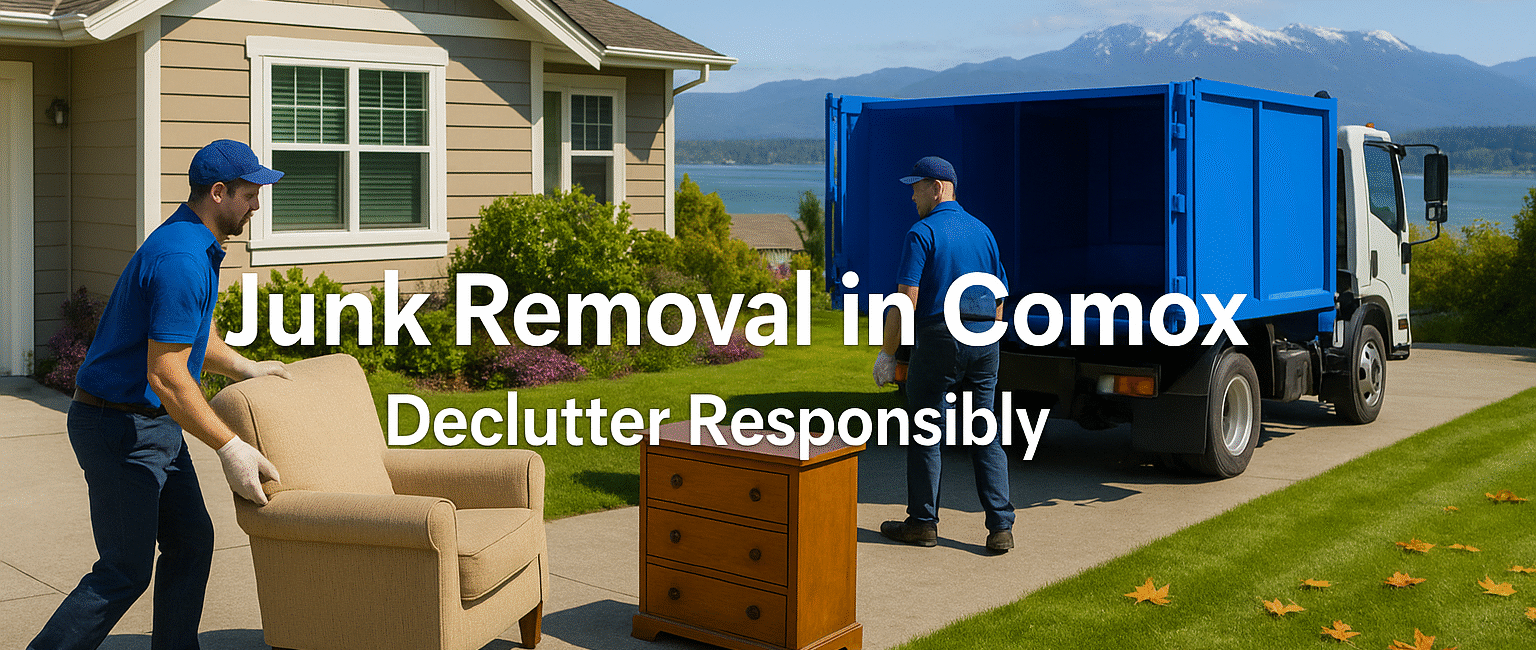 Junk removal professionals loading furniture into a truck outside a Comox home with ocean and mountains in the background.