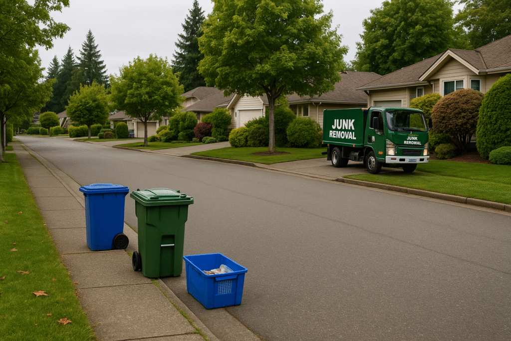 Comox street with recycling bins and a junk removal truck, reflecting the area’s eco-conscious and local-focused values.