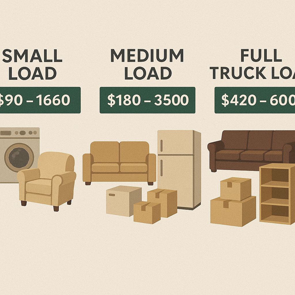 Visual chart showing junk removal cost tiers in Comox based on truck load size and type of items.
