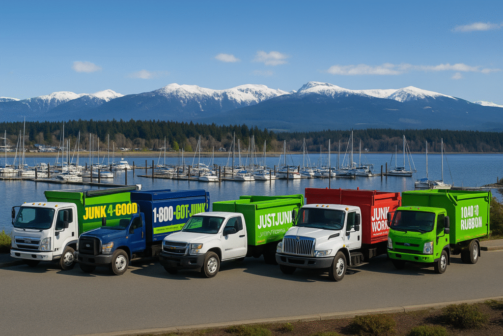 Five junk removal trucks from different top-rated companies in Comox lined up with local scenery behind them.
