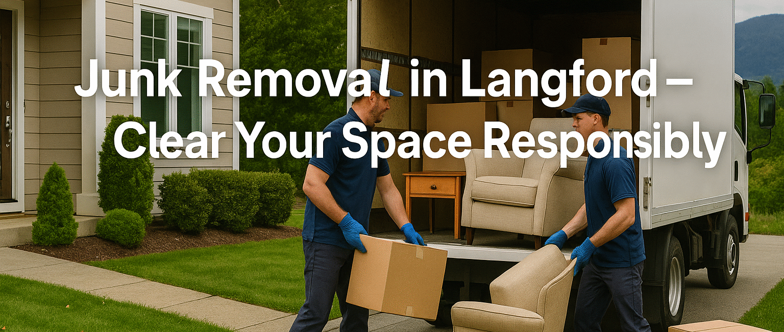 Junk removal crew loading a truck outside a Langford home, with green hills and a clean yard in the background.