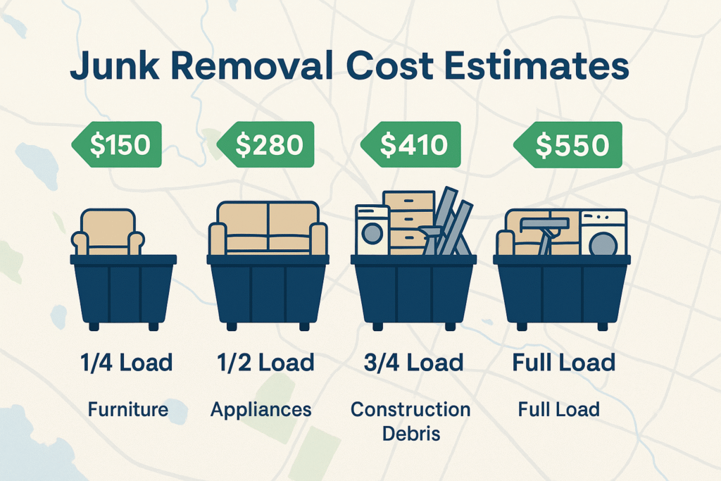Visual chart showing junk removal cost estimates for various load sizes and types of junk in Langford.
