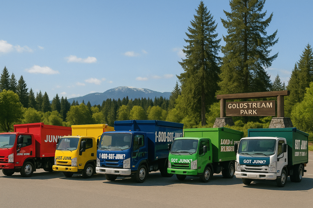 Top-rated junk removal company trucks lined up in Langford with scenic backdrop.

