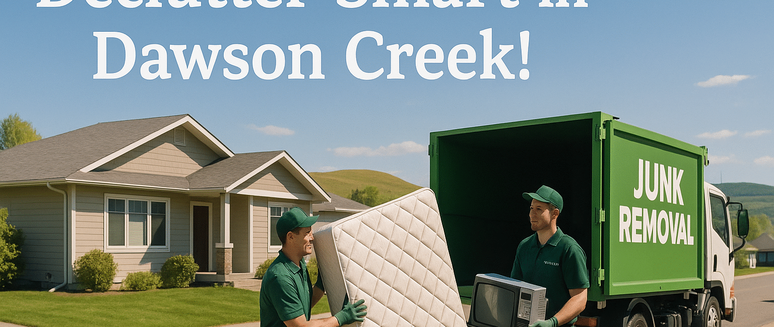 Junk removal workers loading a mattress and electronics into a truck on a quiet Dawson Creek street in springtime.