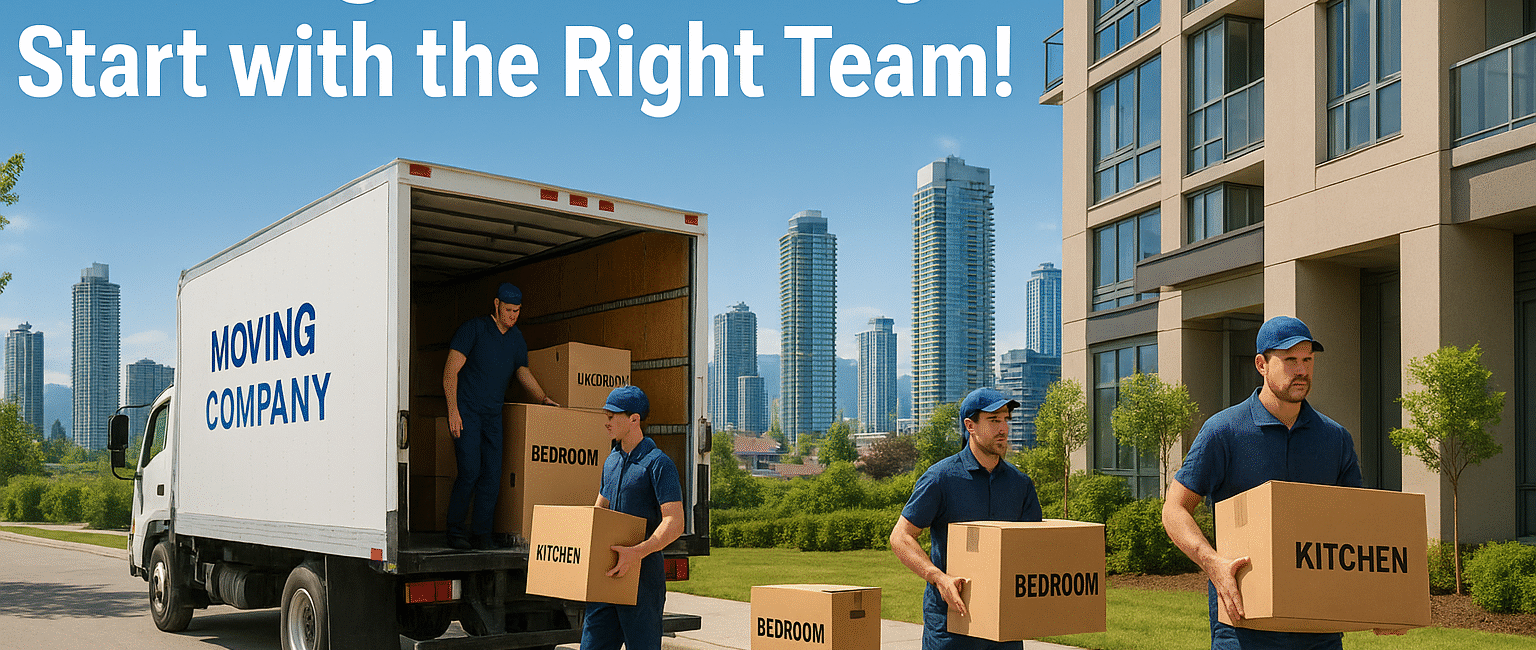 Movers unloading boxes from a truck outside a Metrotown high-rise in Burnaby, BC with skyline and mountains in background.