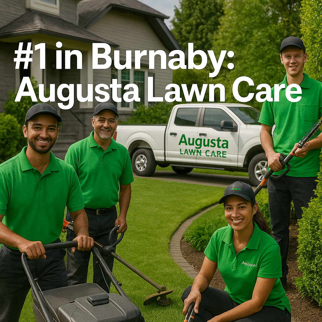 Family-owned lawn care professionals mowing and trimming a tidy Burnaby yard with a branded truck parked nearby