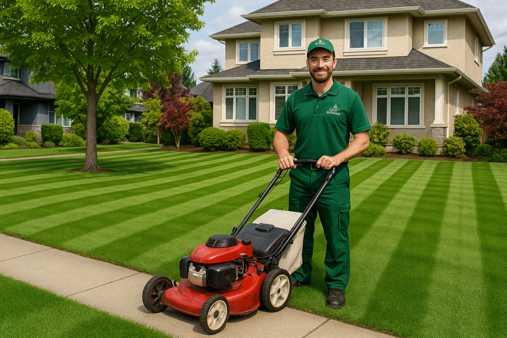 Burnaby lawn with flawless striping pattern and a Jim’s Mowing employee in uniform standing with a mower