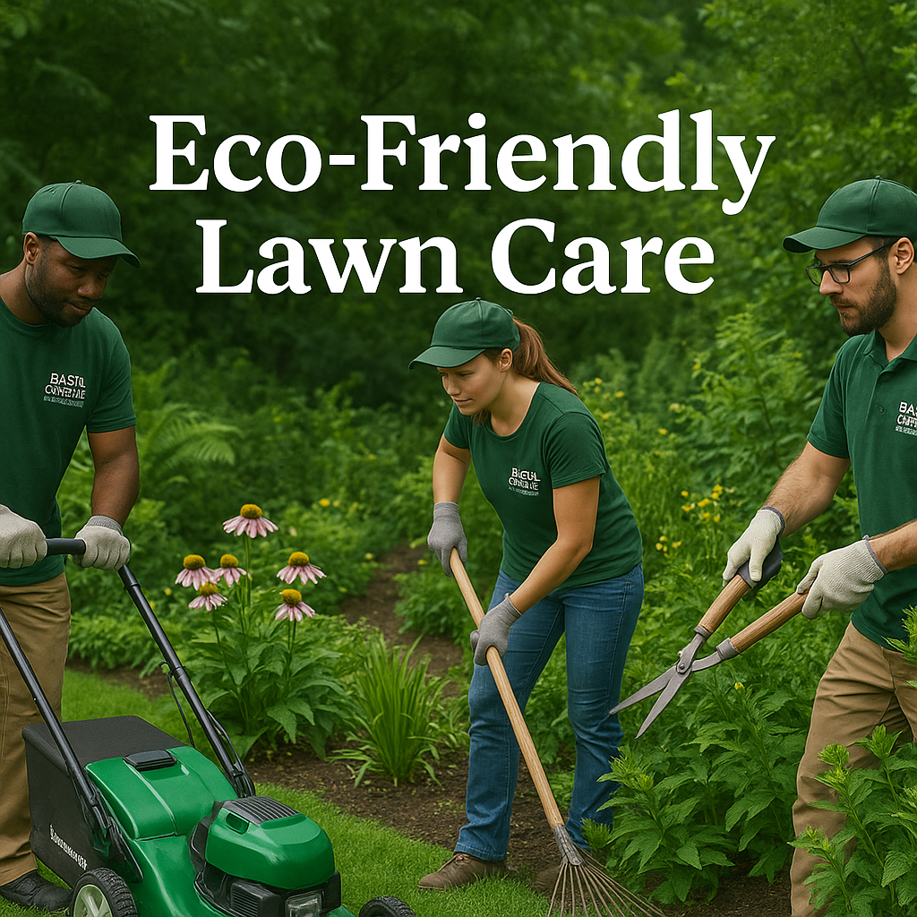 Basil Green Landscaping team maintaining a garden with eco-friendly tools, surrounded by healthy green plants and flowers