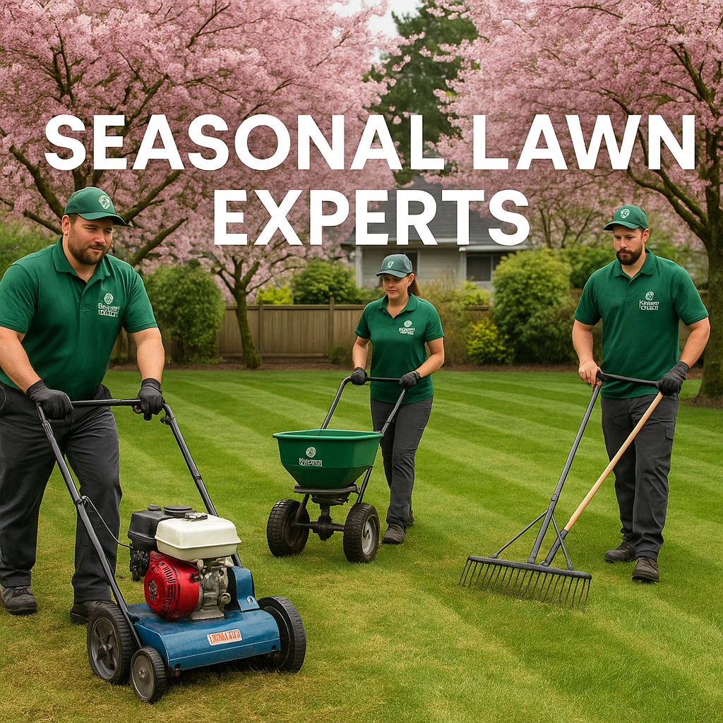 ๐ฑ Top 7 Lawn Mowing Services in Abbotsford, BC for 2025-2026: Your Ultimate Guide to Perfect Lawns 2 Green Earth Garden Care crew preparing a lawn for the season in Abbotsford, with spring blossoms in the background.