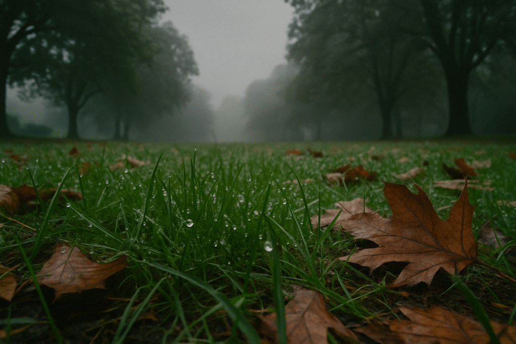Damp lawn with fallen leaves and foggy atmosphere, showing how coastal BC’s wet climate fosters lawn disease.