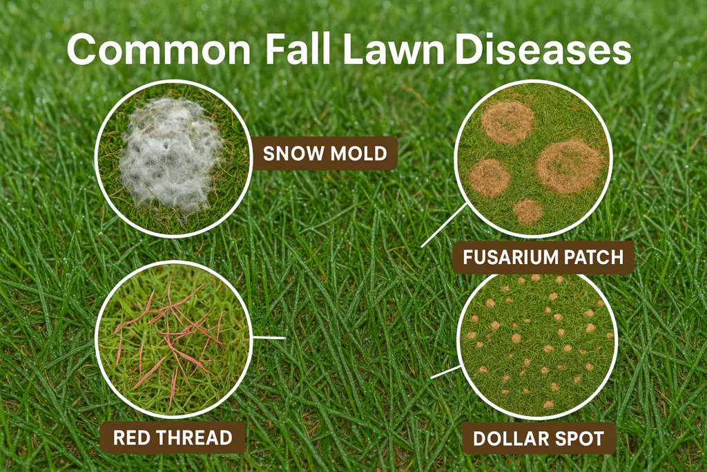 Illustrated examples of four lawn diseases — snow mold, fusarium patch, red thread, and dollar spot — on grass.