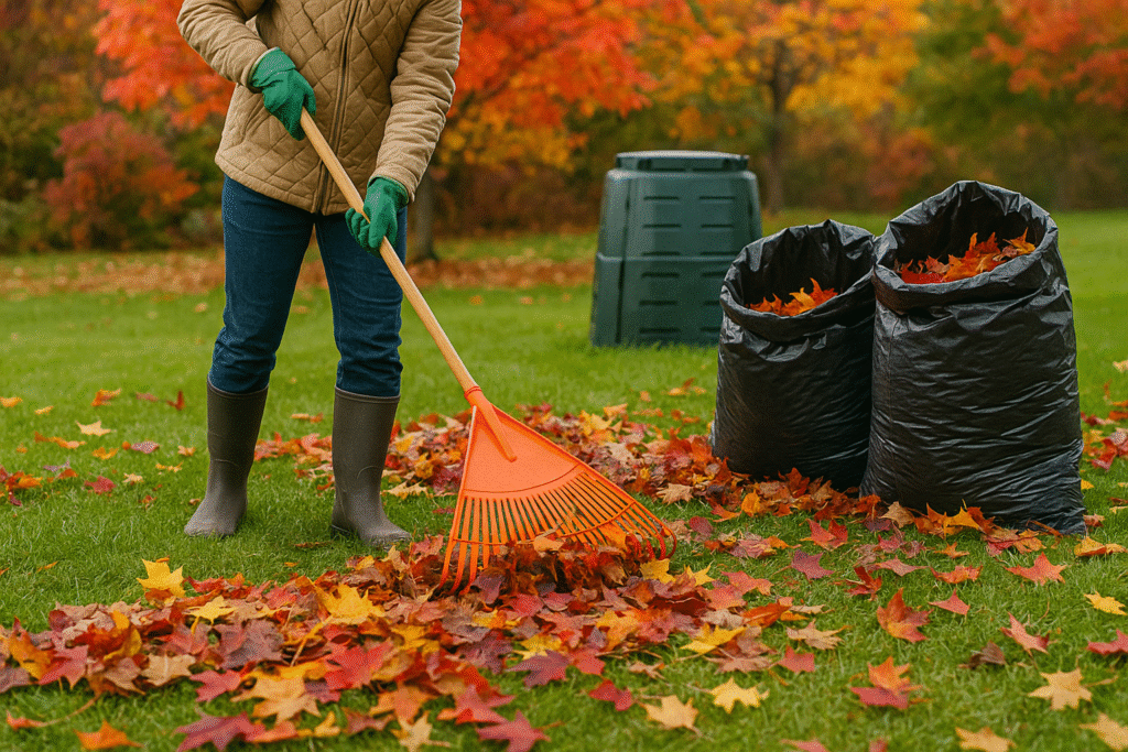 Homeowner raking leaves off the lawn and collecting them in bags, preparing lawn for winter.
