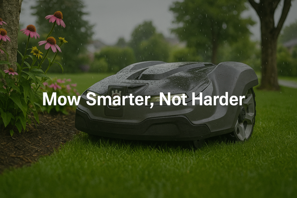 Robotic lawn mower navigating a BC yard in light rain