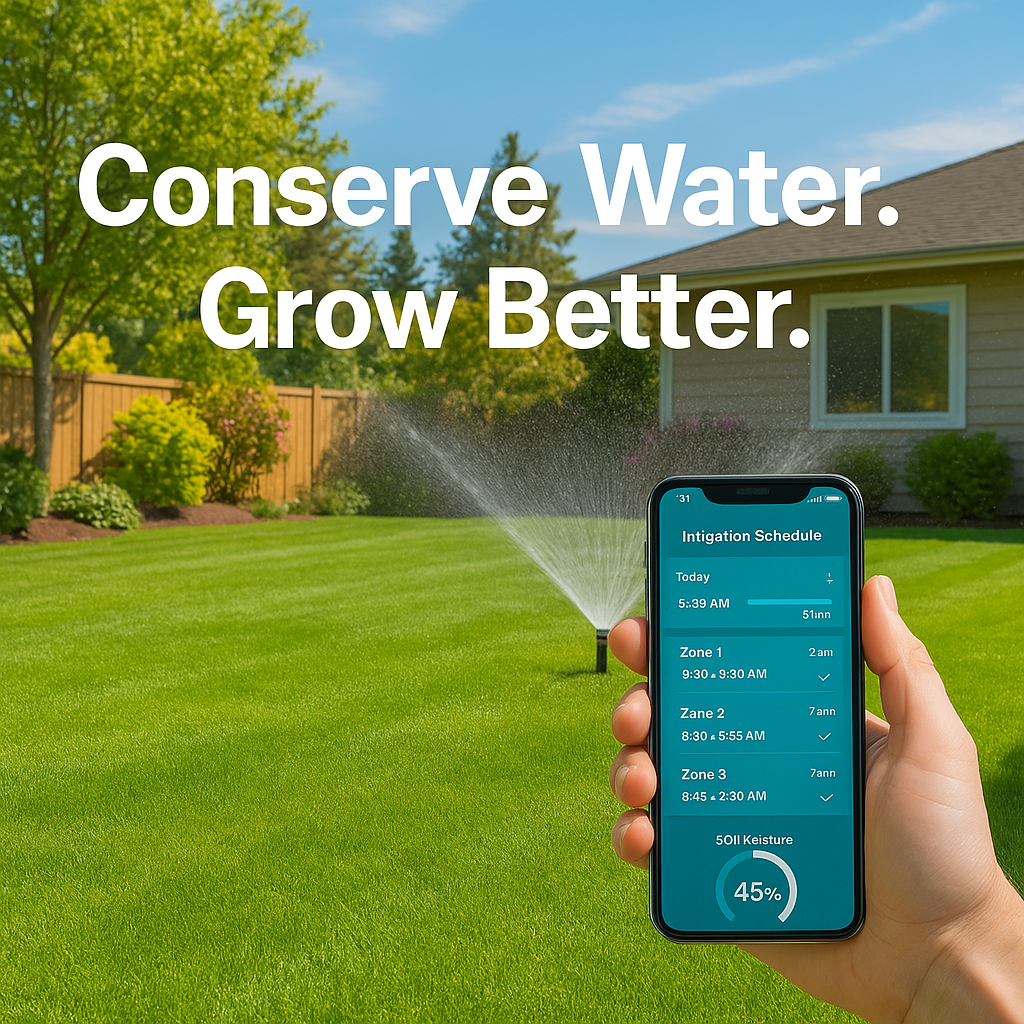 Smart irrigation system in action with app interface shown.