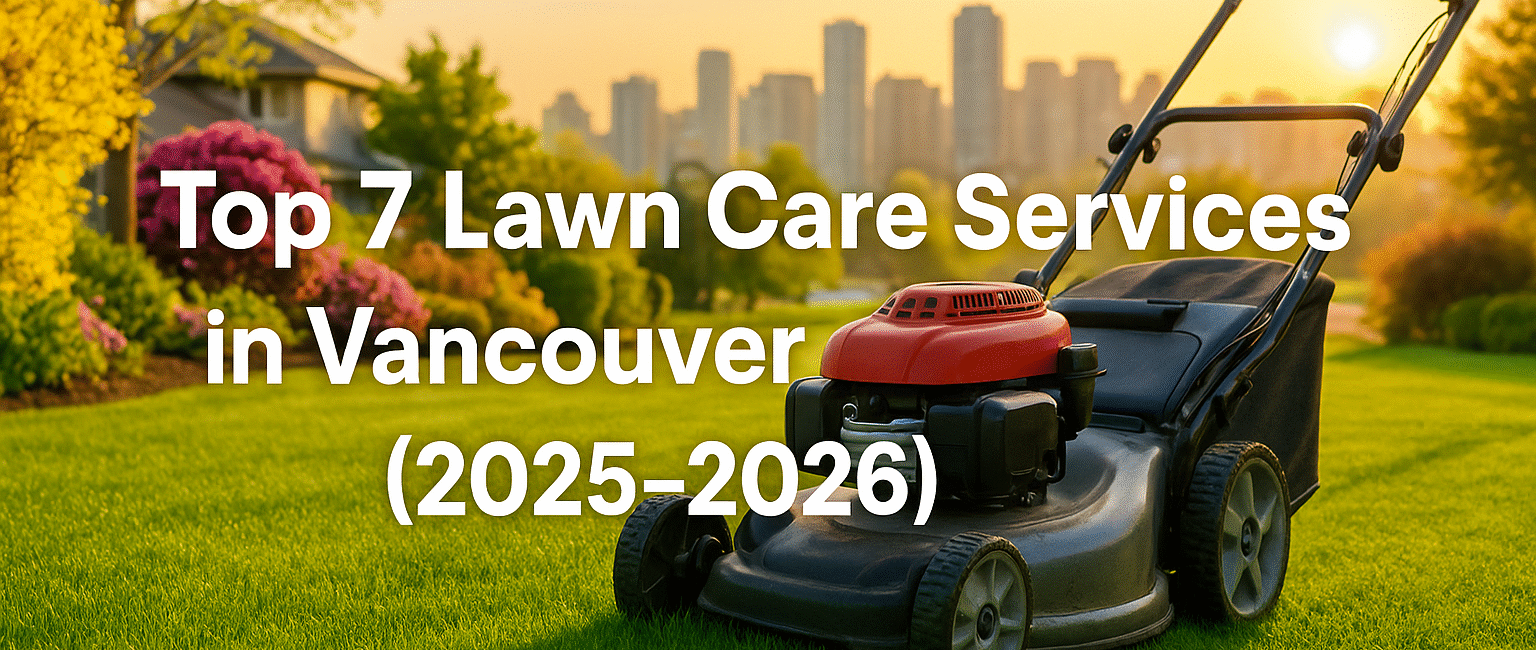 Well-manicured Vancouver lawn with mower and city skyline at sunrise, blog headline overlay