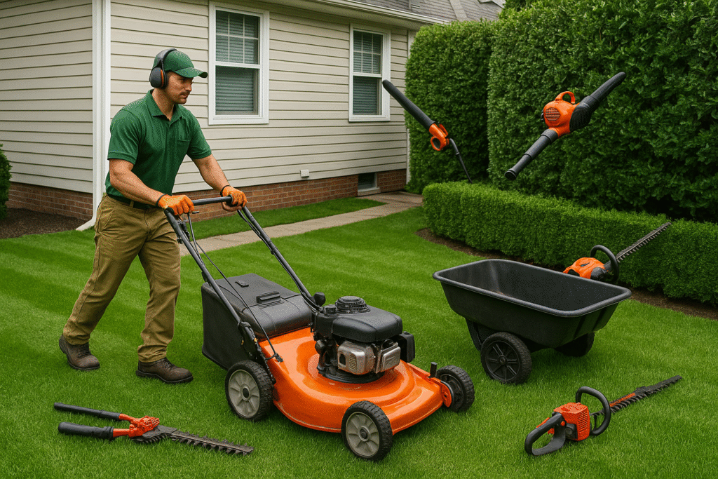 π± Top 7 Lawn Mowing Services in Vancouver, BC for 2025-2026 1 βGardener mowing and trimming hedges on a clean suburban lawn.β