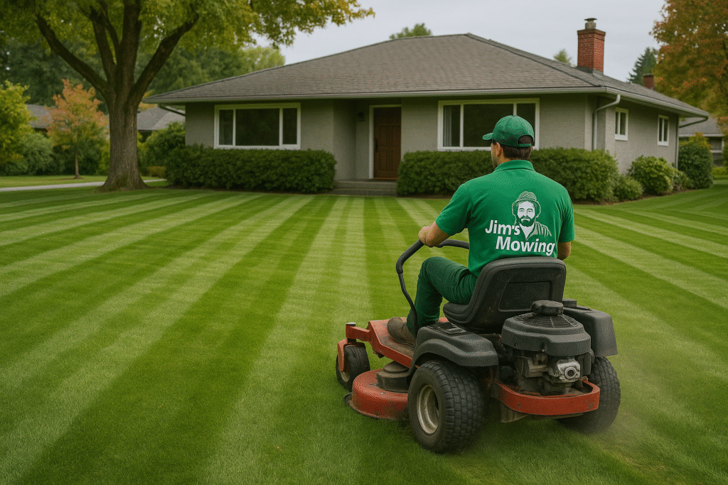 π± Top 7 Lawn Mowing Services in Vancouver, BC for 2025-2026 2 βUniformed mowing crew creating striped lawn in Vancouver yard.β