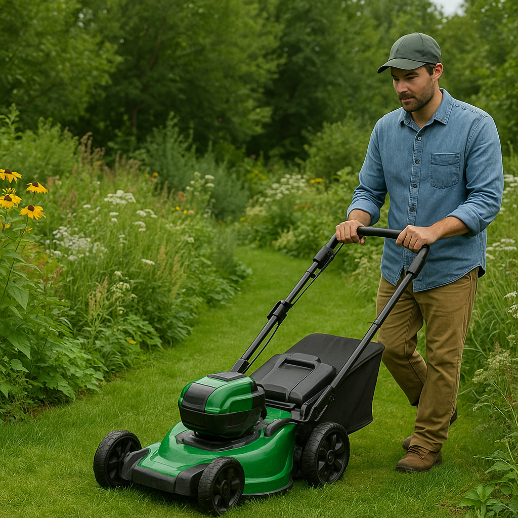 π± Top 7 Lawn Mowing Services in Vancouver, BC for 2025-2026 3 βGardener mowing lawn with battery-powered mower in eco-friendly garden.β