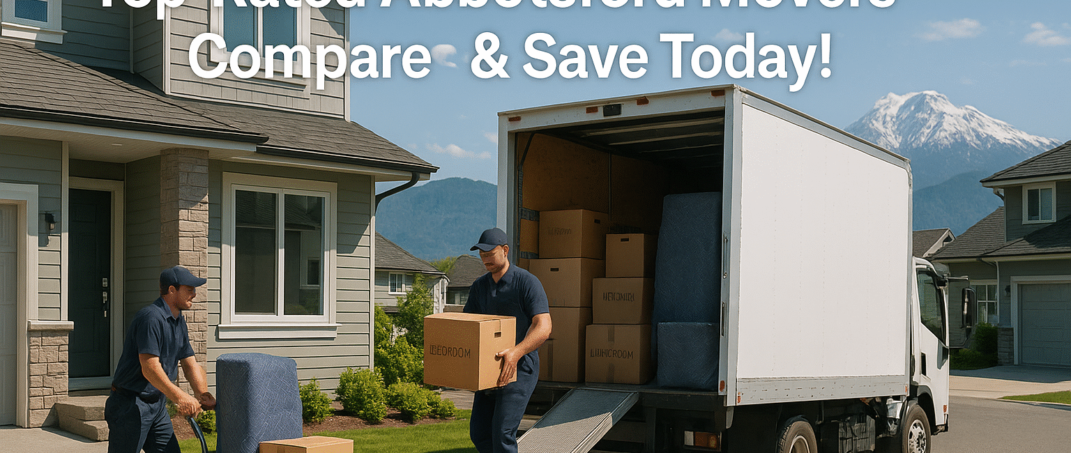 Moving crew unloading boxes from a truck in front of a Chilliwack house with Fraser Valley mountains, blog title overlay.
