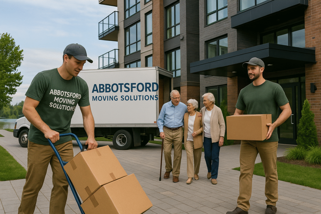 Movers helping elderly couple move from Ryder Lake to downtown Chilliwack condo.
