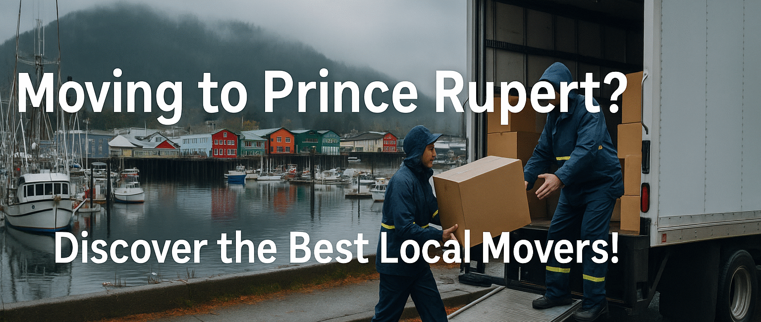 Moving truck and crew unloading near Prince Rupert’s waterfront on a misty morning, symbolizing local relocation with a coastal backdrop.