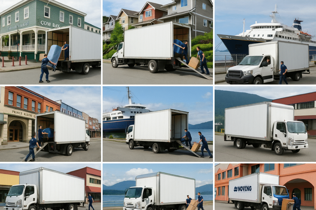 Collage of top moving company trucks operating in Prince Rupert neighborhoods and ferry-connected areas.