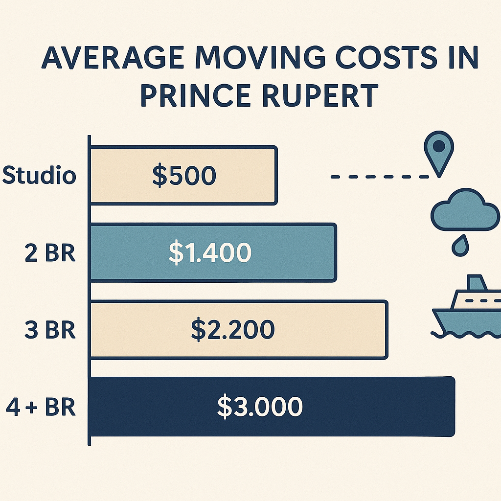 Infographic chart comparing average moving costs in Prince Rupert by home size and distance, including ferry-related considerations.