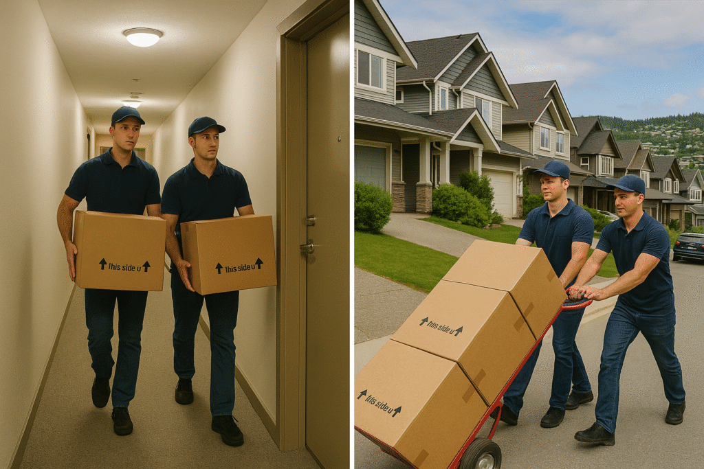 Side-by-side visual of apartment and house moving conditions in Prince Rupert, highlighting unique access challenges.
