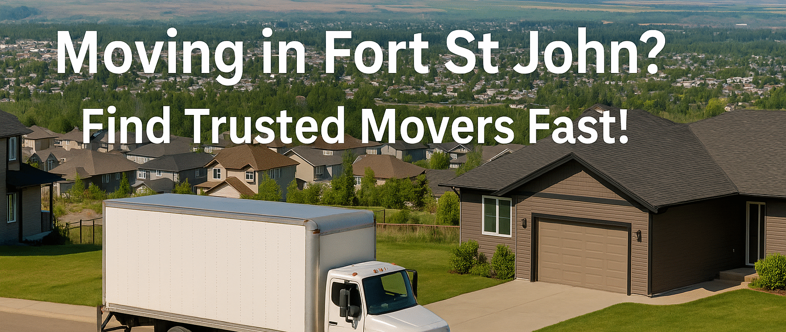A moving truck in a quiet Fort St John neighborhood, with mountains and residential houses in the background, symbolizing a smooth local move