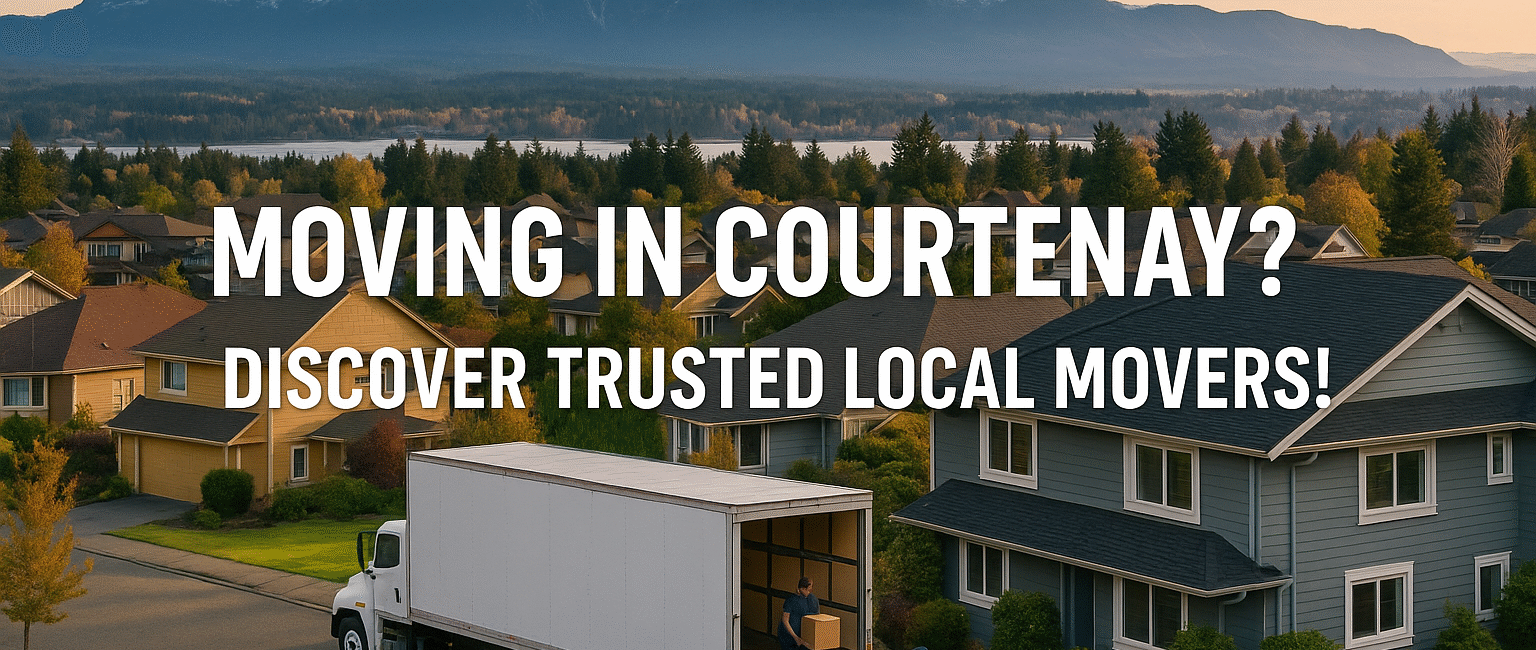 A professional moving truck in a Courtenay neighborhood with the Comox Glacier in the background and movers at work, symbolizing a stress-free relocation in the Comox Valley