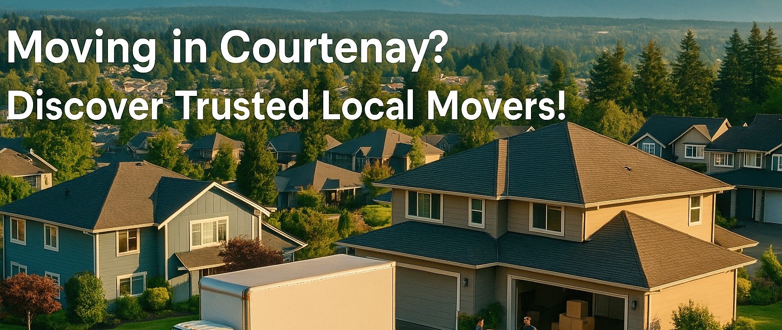 A professional moving truck in a Courtenay neighborhood with the Comox Glacier in the background and movers at work, symbolizing a stress-free relocation in the Comox Valley.