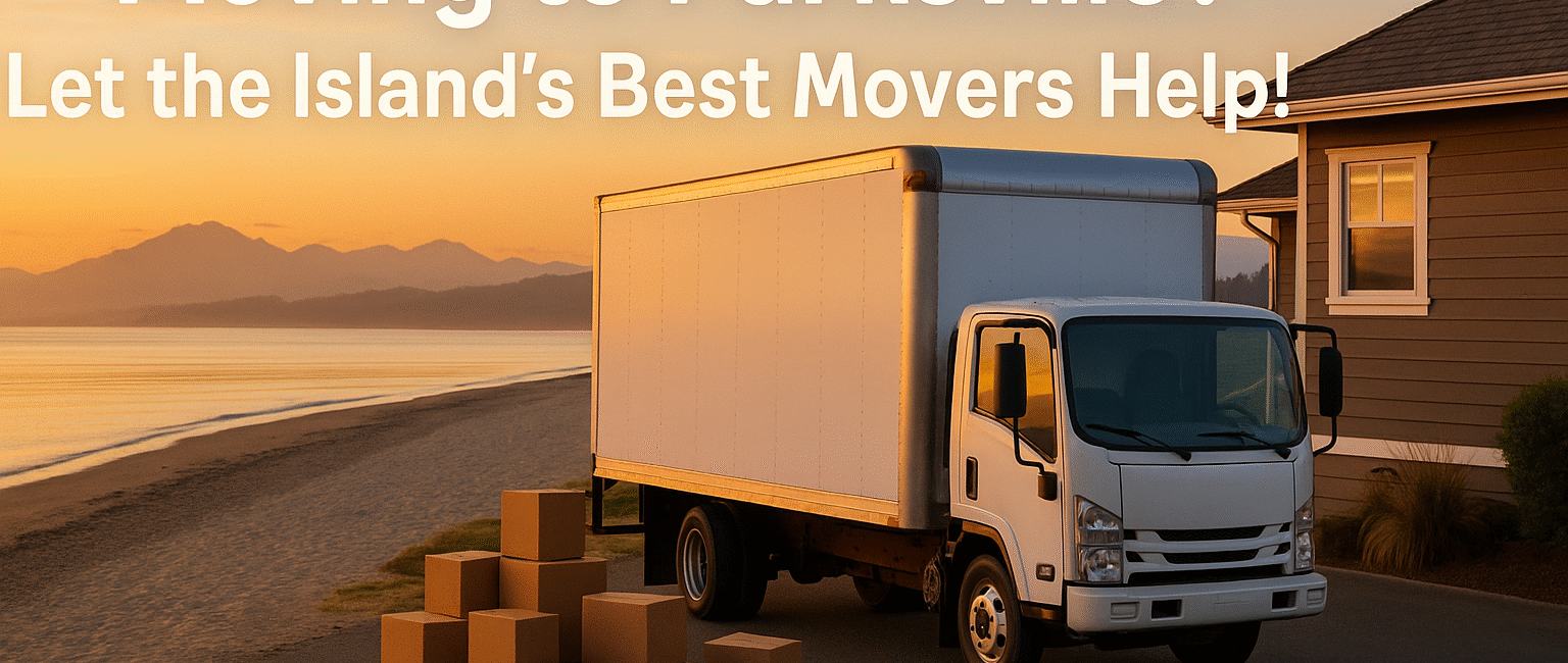 A professional moving truck parked near a beachside home in Parksville, BC, with mountains in the distance and boxes being unloaded.