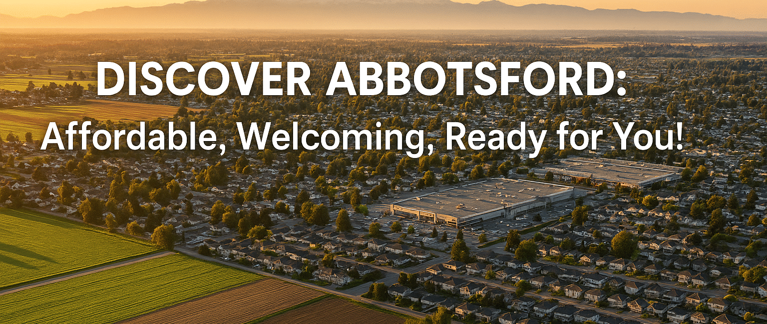 Panorama of Abbotsford’s cityscape and farmland at sunrise, highlighting a family-friendly, affordable city setting.
