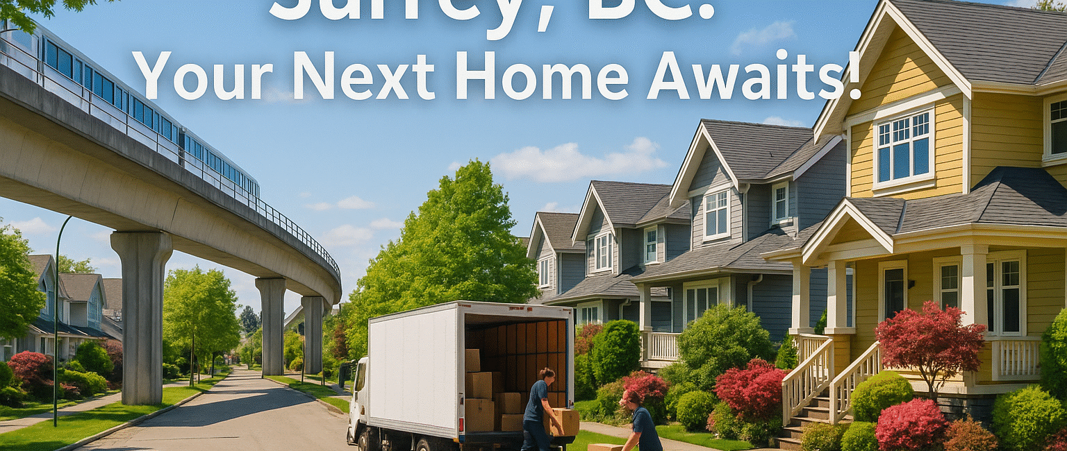 A SkyTrain line running above a clean residential street in Surrey, BC, with movers unloading a truck, capturing city-life convenience and suburban charm.