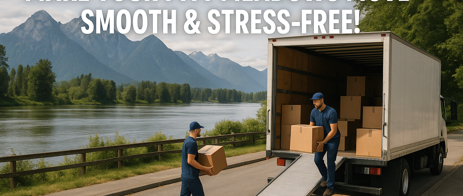 Moving truck by the Fraser River in Pitt Meadows, with movers carrying boxes and mountain scenery behind.