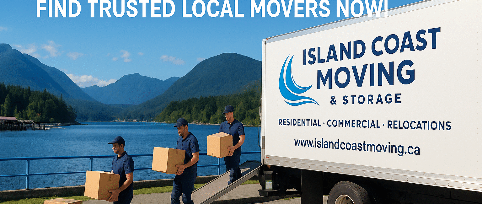 A moving truck with professionals unloading boxes at Harbour Quay, Port Alberni, framed by ocean and mountain scenery.