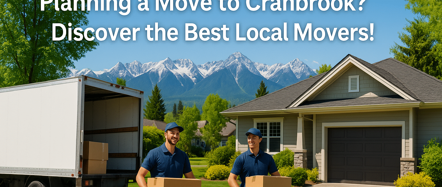 A moving truck outside a family home in Cranbrook, BC, with the Rocky Mountains in the background and movers carrying boxes under a sunny sky