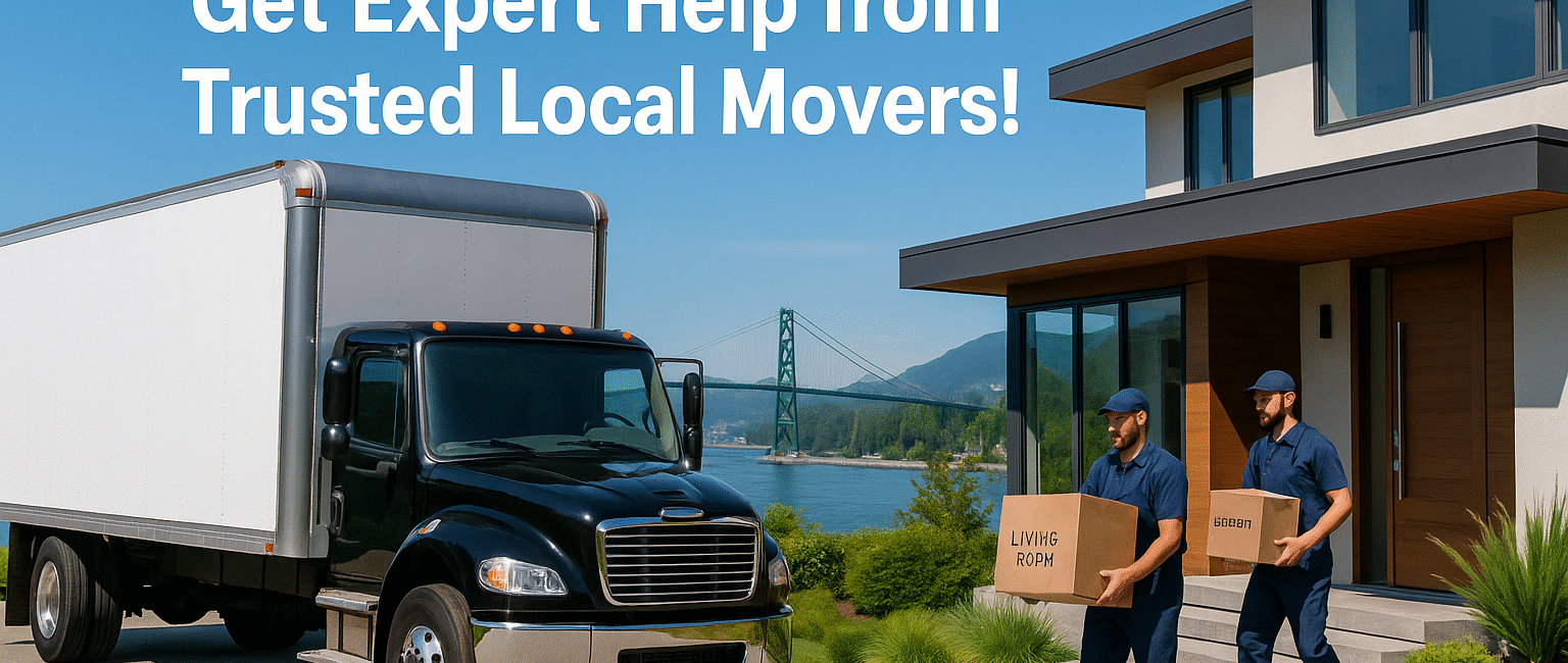 A luxury moving truck outside a West Vancouver home with waterfront and Lions Gate Bridge in the background, movers carrying boxes on a sunny day.
