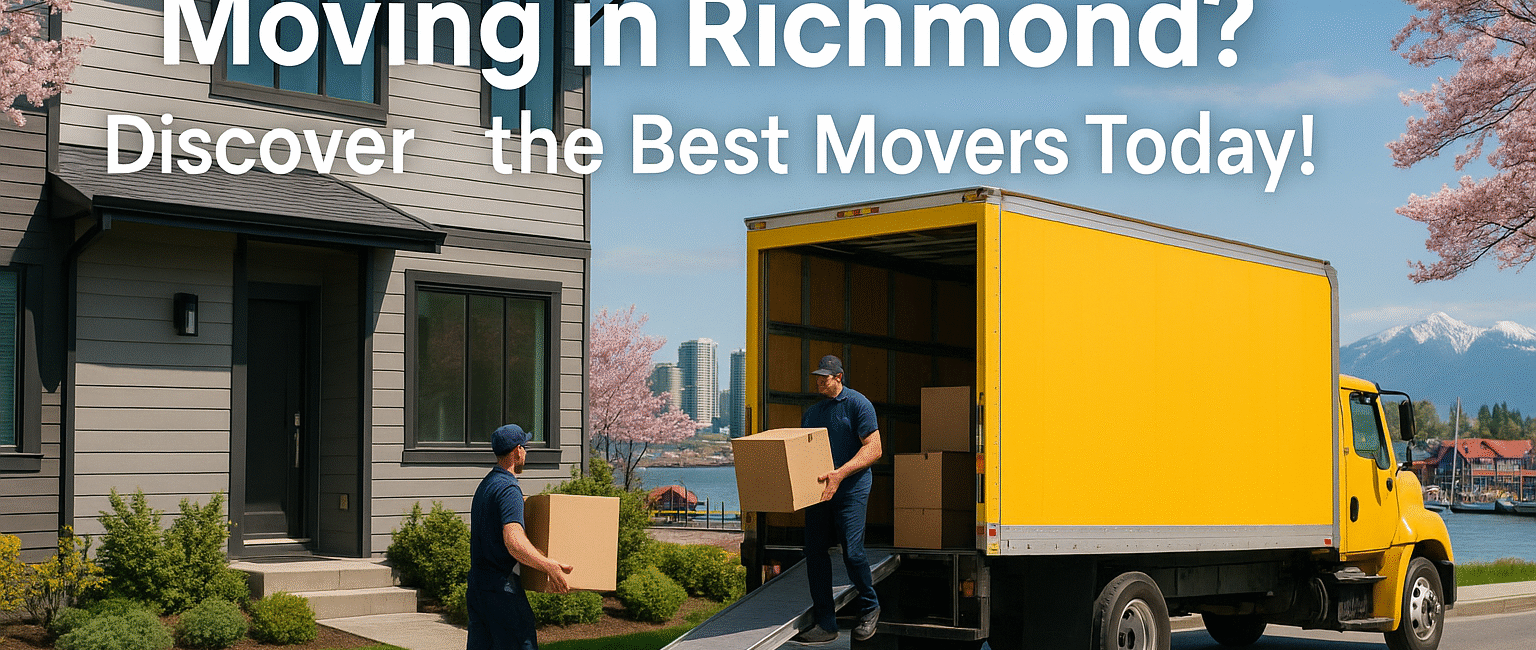 Moving in Richmond? Discover the Best Movers Today!” Alt Text: Moving truck and crew outside a Richmond home with city skyline, North Shore mountains, and cherry blossoms in the background