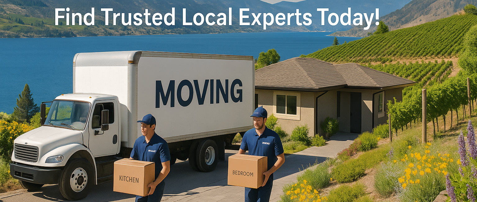 Professional movers outside a home overlooking Okanagan Lake in Summerland, BC with vineyard-covered hills and a scenic backdrop