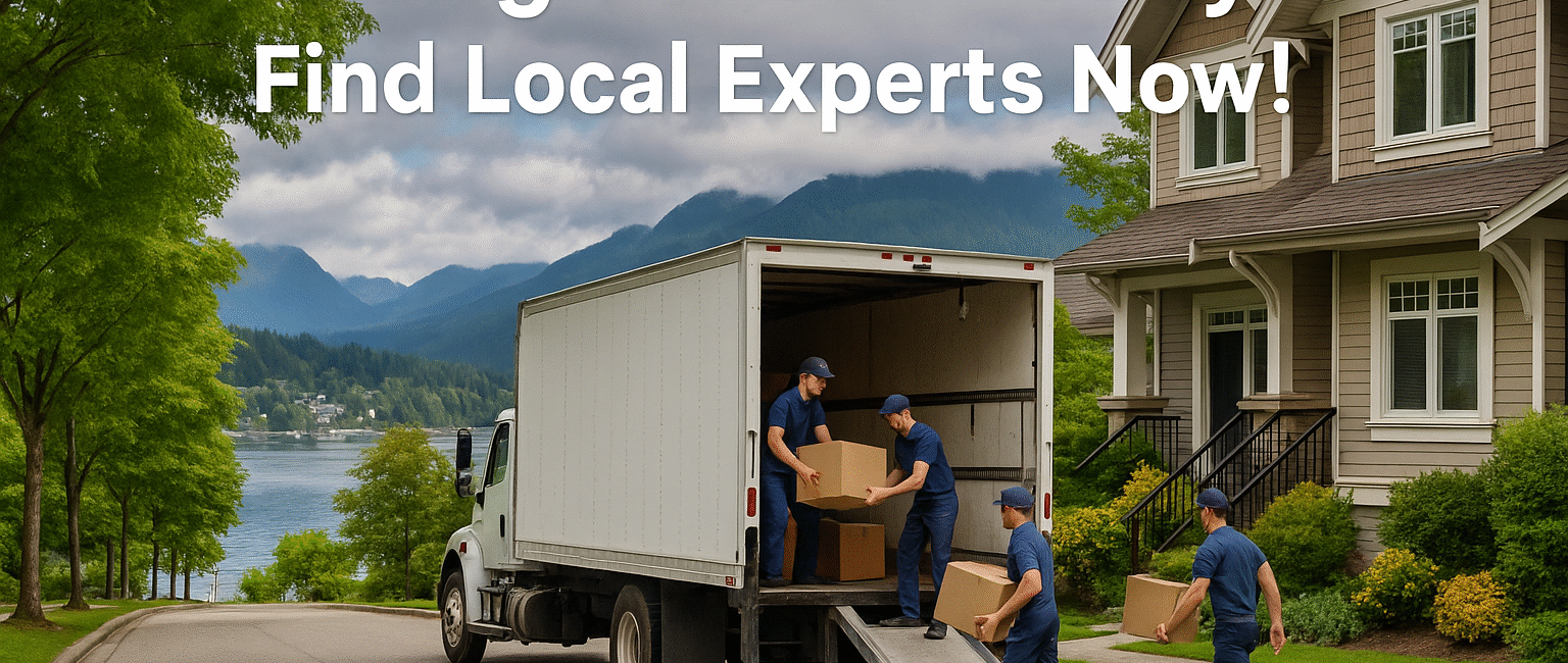 Moving in Port Moody? Find Local Experts Now!” Alt Text: Moving truck and movers unloading beside a Port Moody townhouse with waterfront views and scenic mountain backdrop.