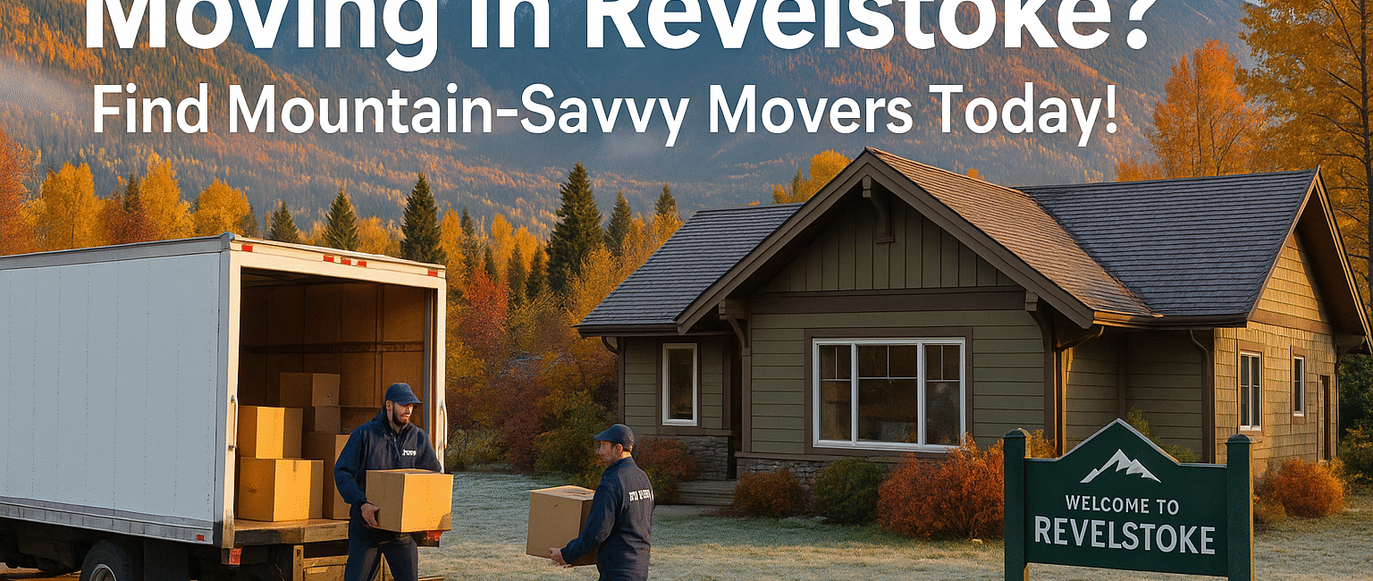 Movers working outside a mountain home in Revelstoke, BC with Selkirk Mountain views and seasonal landscape.