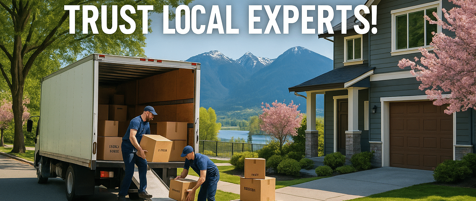 Moving in Port Coquitlam Trust Local Experts!β Alt Text Movers loading a truck outside a Port Coquitlam home with river and mountain viewsβa professional and inviting relocation scene.